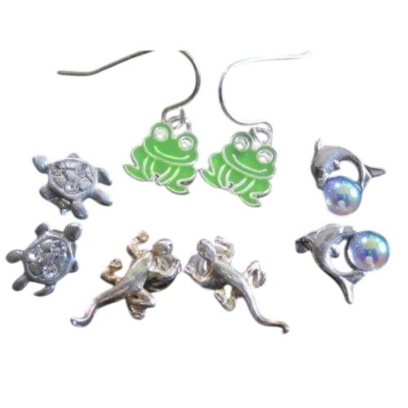 Jewelry - Animal Earring Set 4 Pairs Frog Turtle Lizard Dolphin Silver Tone Green Enamel